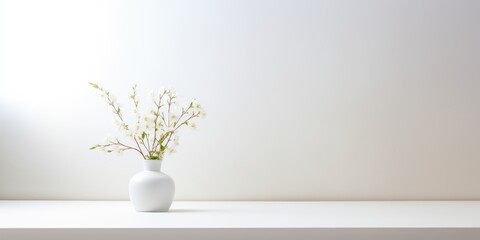 Minimalistic White Ceramic Vase with Delicate White Blossoms on a White Background