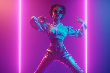Fashionable woman dancing in neon lights with stylish outfit