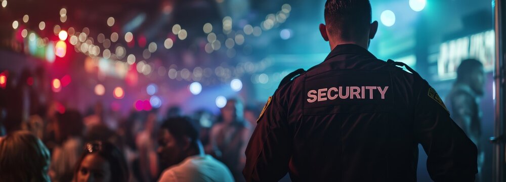 A security guard stands watch over a crowded nightclub.