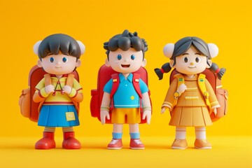 Three cartoon-style schoolgirl figures with backpacks on a yellow background.