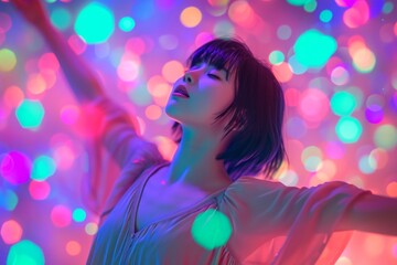 Young woman enjoying a party atmosphere with colorful bokeh lights in the background.