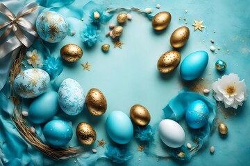 Fototapeta na wymiar A top-down view of Easter magic, featuring azure decorations and golden eggs on a dreamy pastel canvas, inviting you to share your festive wishes.