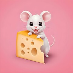 mouse with cheese on a pink background, cartoon, icon, patch, logo