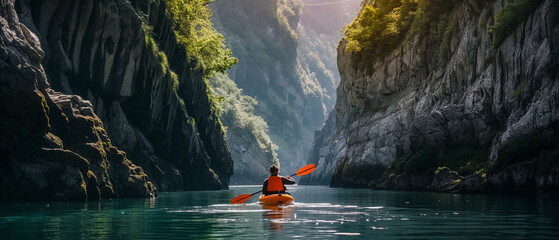 une personne fait du kayak dans des gorges - vu de dos