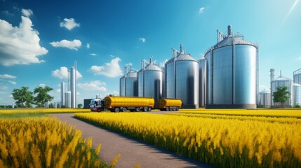 Granaries in a yellow field against a blue sky. Agricultural industry.