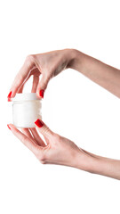 Female hands holding jar of cream isolated on white background