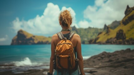 A young woman stands with her back and admires the view of the azure sea and mountains. A person traveling on vacation in the most beautiful place in the world - obrazy, fototapety, plakaty