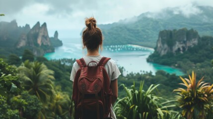 Fototapeta premium A young woman stands with her back and admires the view of the azure sea and mountains. A person traveling on vacation in the most beautiful place in the world