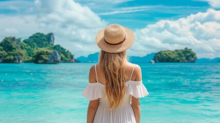A young woman stands with her back and admires the view of the azure sea and mountains. A person traveling on vacation in the most beautiful place in the world