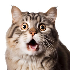 Funny cute tabby cat portrait looking shocked or surprised, isolated on transparent background