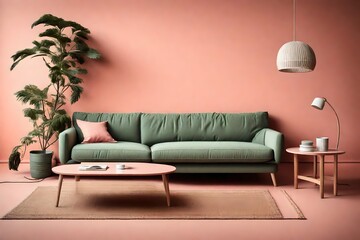 Tranquil vibes with a sage green sofa and a minimalist coffee table, set against an empty coral pink wall in a Scandinavian-inspired interior.
