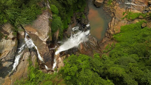 Top view of Upper Ramboda Falls in Sri Lanka. High waterfall in the jungle.