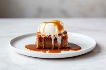 butterscotch brownie dessert on a plate on table in white minimal kitchen with marble background