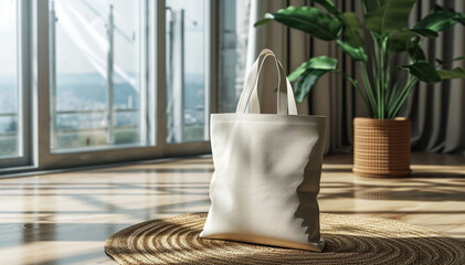 Mockup white shopper tote bag handbag in luxury room interior background. Copy space shopping eco reusable bag. Grocery accessories. Template blank cotton material canvas cloth. Tote bag mockup.