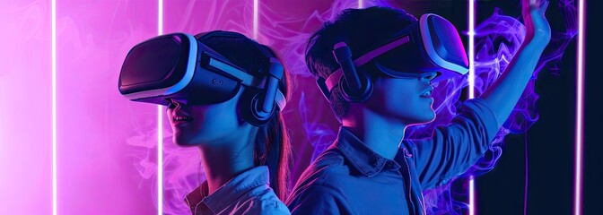 Man and woman immersed in world of futuristic technology wearing VR headsets that open doors to virtual realities and digital adventures captures essence of modern entertainment and gaming