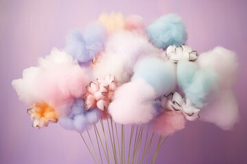 diy fuzzy fabric cotton candy pink, blue and yellow  flowers bouquet  decoration isolated on pastel background. Birthday party, easter festive decor.
