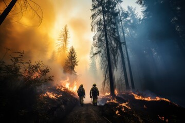 Fototapeta premium Silhouette of two firemen wide angle view from behind with fire in forest as background. First responders at wildfire in action. 