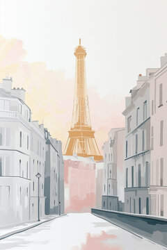 Minimalist interpretation of the Eiffel Tower in Paris, portrayed in pastel colors with a backdrop of a soft, glowing sky and flanked by the city's iconic architecture.