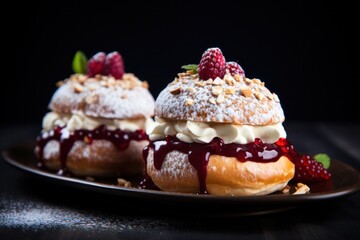 two Semla buns - traditional Swedish eclair dessert with cream popular in Scandinavian countries at fika coffee break isolated on black background