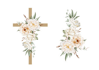 A set of watercolor cross and bouquet with white flowers for Easter design, Epiphany, Christening, first communion, baptism, postcards, packaging
