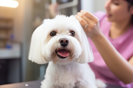white cute Maltese puppy dog being groomed at grooming salon. Beauty care for pets and dogs.