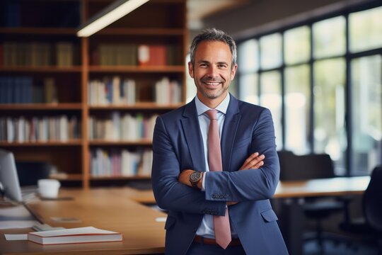 caucasian male  school principal in his modern office smiling. Education career and staff.