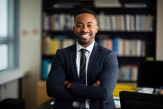 diverse young adult male school principal in his modern office smiling. Education career and staff.