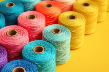 Colorful sewing threads on yellow background