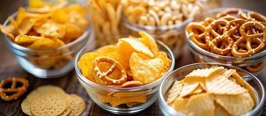 The bowls contain a variety of chips and pretzels, which are finger foods made from different...