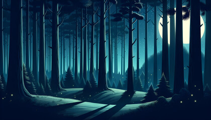 Enchanted night scene with towering pine trees and a starry sky, ideal for magical fairy tale illustrations. Generative AI. 
