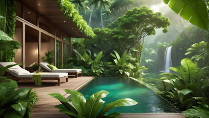 cozy Jungle Retreat: Lush greenery and natural elements evoke a soothing ambiance.Generative AI