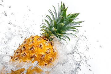 Fresh ripe pineapple falling in water with splashes on white background