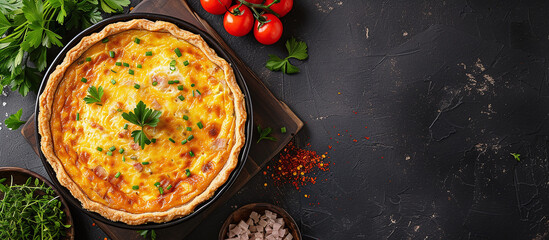 Quiche is a savory pie consisting of a pastry crust filled with a custard of eggs and cream, as well as various ingredients such as cheese, vegetables, and meat. - obrazy, fototapety, plakaty