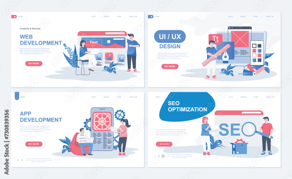 Aufkleber Web development concept for landing page in flat design. App developing with UI UX designing, programming, interface creating, SEO optimization. Vector illustration with people characters for homepage