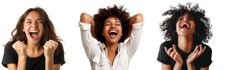 Portrait of happy positive woman smiles broadly shows white teeth enjoys life feels very glad. Group isolated over transparent background. 
