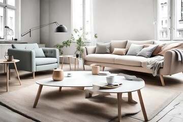 Capture the essence of Scandinavian design with a clean-lined sofa and coffee table in a minimalist interior, complemented by pastel colors on an empty wall.