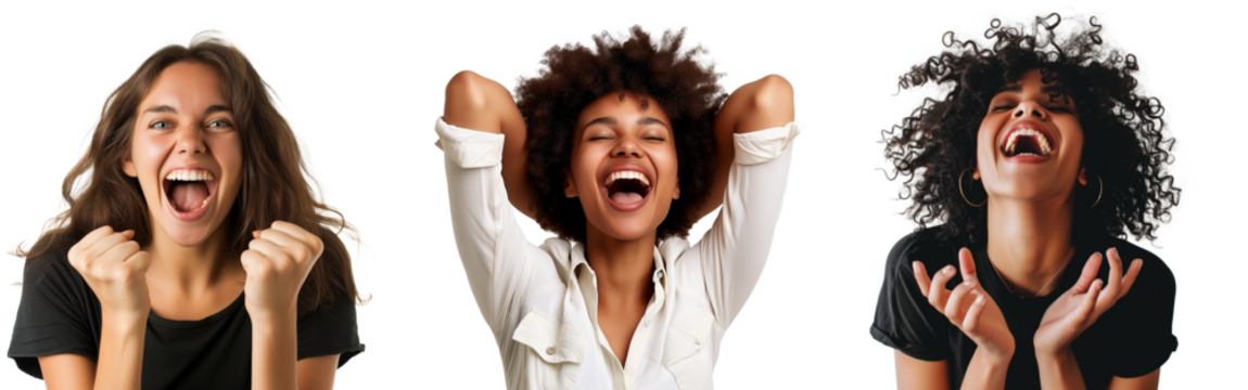 Portrait of happy positive woman smiles broadly shows white teeth enjoys life feels very glad. Group isolated over transparent background. 