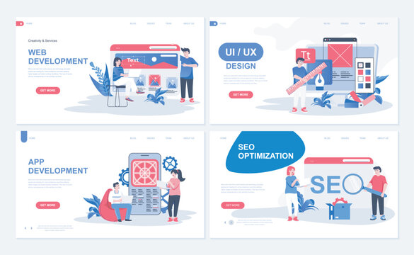 Web development concept for landing page in flat design. App developing with UI UX designing, programming, interface creating, SEO optimization. Vector illustration with people characters for homepage