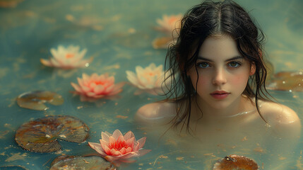 Portrait of young nymphae in the water between water lilies - obrazy, fototapety, plakaty