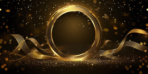 golden shining circle, light background and golden ribbon, in glowing 3D objects - obrazy, fototapety, plakaty