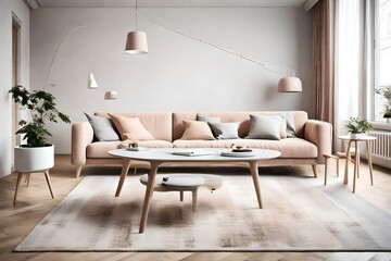 Immerse yourself in the simplicity of Scandinavian design, featuring a plush sofa and coffee table arrangement, pastel hues creating a calming atmosphere, and an empty wall 