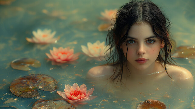 Portrait of young nymphae in the water between water lilies