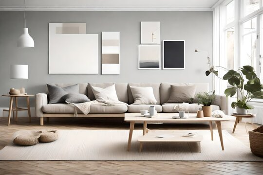 Visualize a Scandinavian-style interior with a muted color scheme, featuring a cozy sofa and coffee table arrangement, and an empty wall providing a canvas for personal expression.