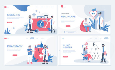 Medicine and healthcare web concept for landing page in flat design. Doctor consultation, patient visits therapist at clinic center, pharmacy. Vector illustration with people characters for homepage