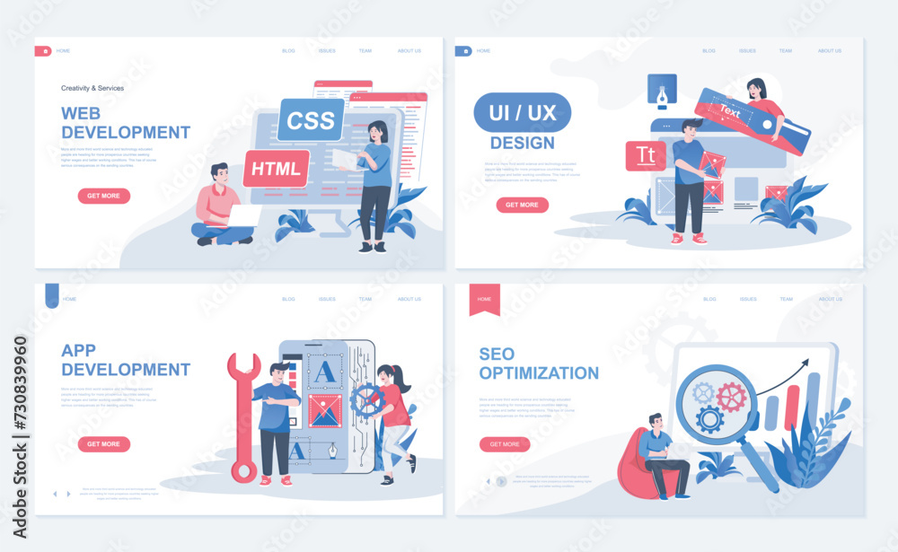 Aufkleber Web development concept for landing page in flat design. App creating with UI UX designing, html programming, SEO optimization settings. Vector illustration with people characters for homepage