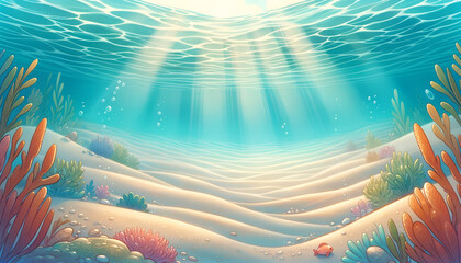 A serene underwater sandscape bathed in sunlight, perfect as a tranquil backdrop for children's books, created by Generative AI. 