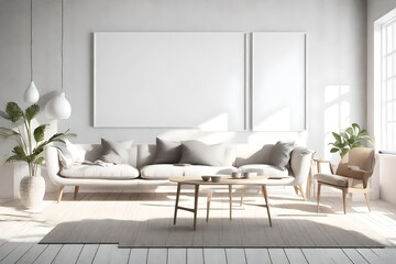Witness the beauty of uncluttered living in a 3D-rendered room, featuring Scandinavian design elements, an empty wall mockup, and a white blank frame awaiting creative expression.