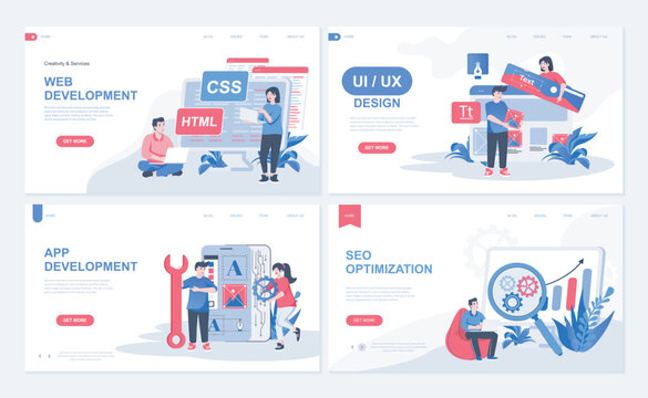 Web development concept for landing page in flat design. App creating with UI UX designing, html programming, SEO optimization settings. Vector illustration with people characters for homepage