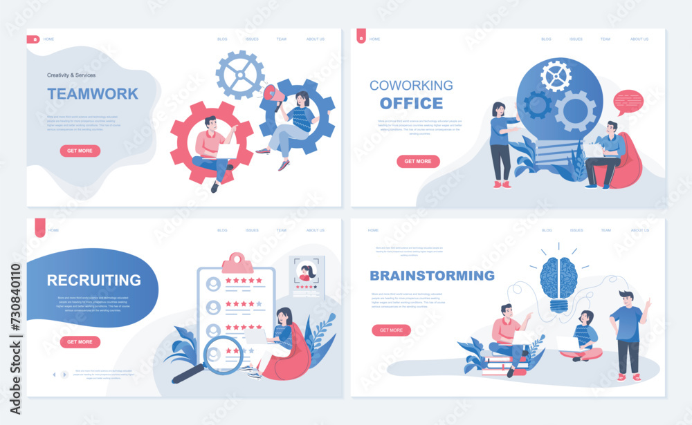 Poster coworking office and teamwork web concept for landing page in flat design. staff team working and br