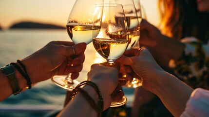 A clique of female friends cheers with goblets of white vino during sunset, close-up view. - obrazy, fototapety, plakaty